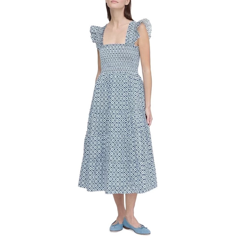 Hill House Blue Floral Square-Neck Midi Dress with Ruffle Straps
